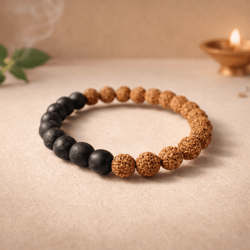 Original Lava Rudraksh Bracelet for Grounding, Emotional Balance & Spiritual Protection (Natural Lava Stone & Rudraksha Beads) - Image 1