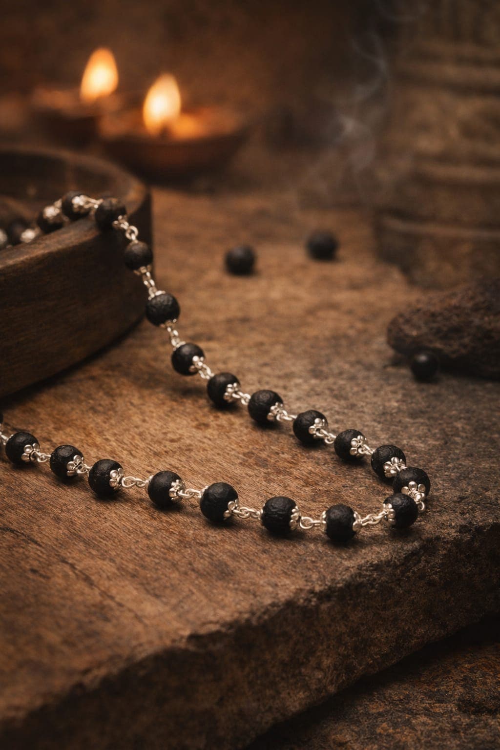 Original Karungali Mala 54+1 Beads with Stainless Steel Caps & Chain for Protection & Meditation