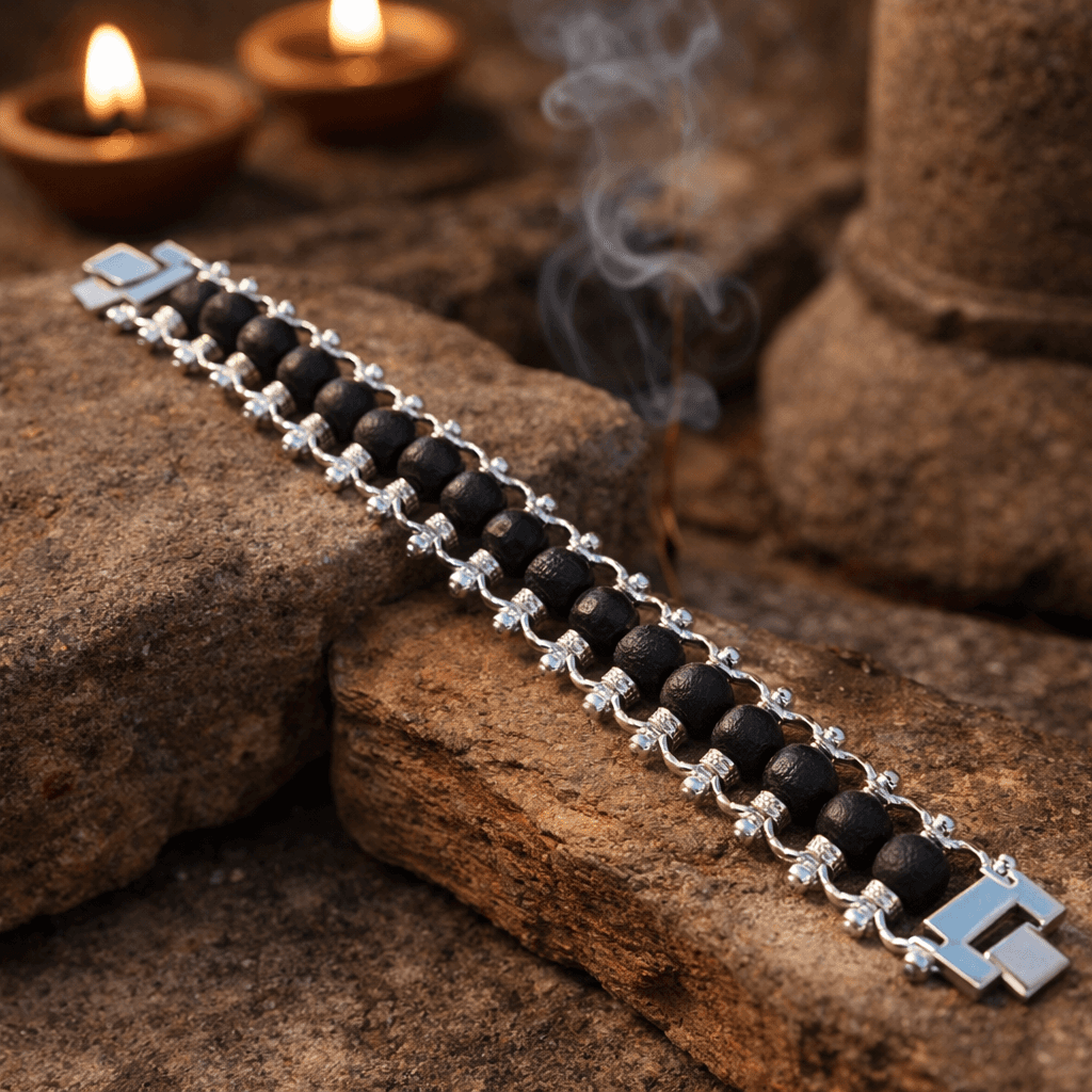 Original Karungali Bracelet with Stainless Steel Caps & Chain for Protection & Spiritual Wear - Image 1